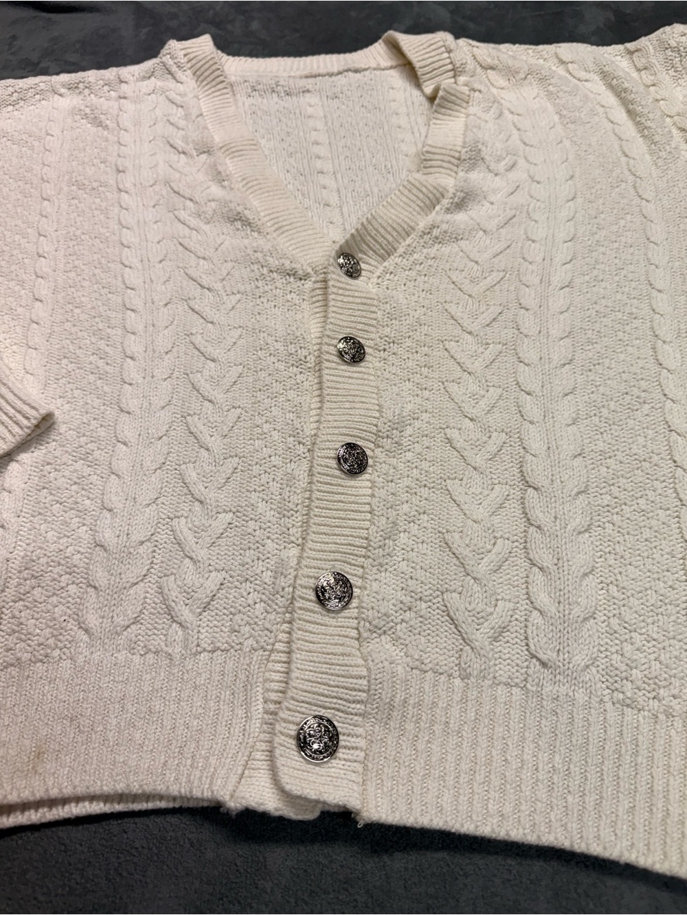 Vintage 90s Slouchy White Cable-Knit V-Neck Silver Button Cardigan Sweater